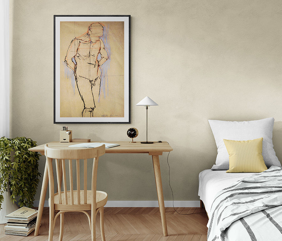 Thumbnail: Conté pastel artwork of a male nude figure elegantly framed and displayed in a contemporary home setting