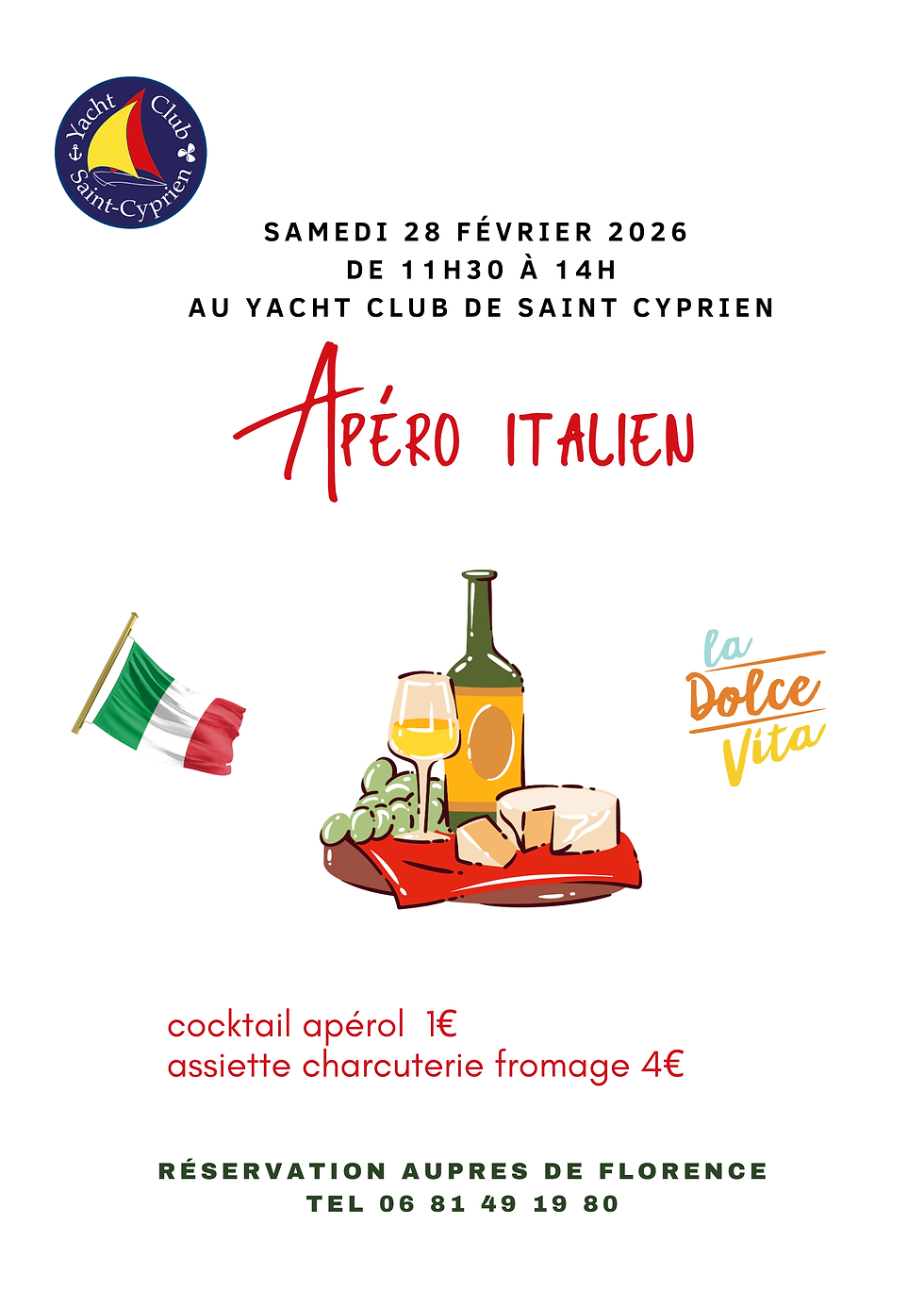 Apéro italien samedi 28 février 2026 11h30 au YC