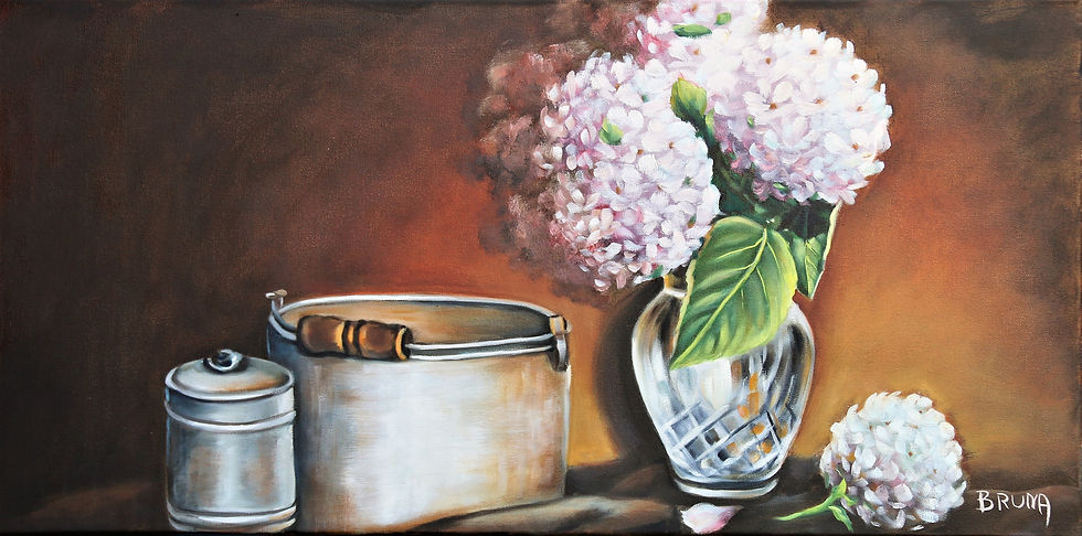 Bruna Christian, Original Oil Painting, Fine Art, Still Life, Tin Pot, Hydrangeas
