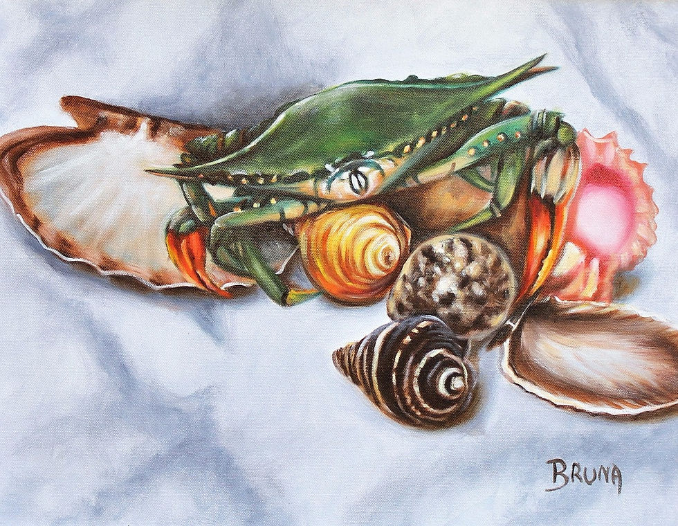 Bruna Christian, Original Oil Painting, Fine Art, Blue Crab, Seashells, Beach