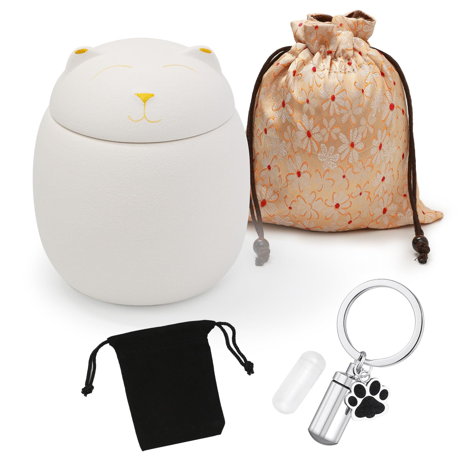 MimoriHive ペット用 ミニ骨壺 猫型 ホワイト 530ml 陶器製 分骨 手元供養 遺骨カプセル・巾着付き 4点セット|530ML・ホワイト 猫