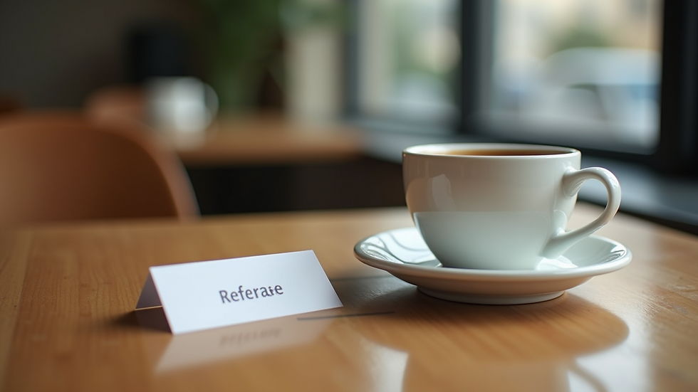 Eye-level view of a coffee cup on a wooden table with a referral card beside it