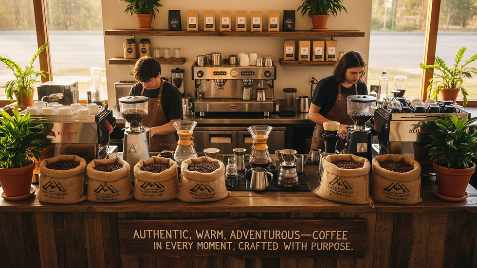High angle view of a coffee shop counter with bags of coffee and brewing equipment