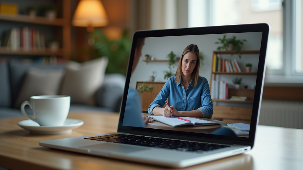 Close-up view of a laptop screen showing an online English tutoring session