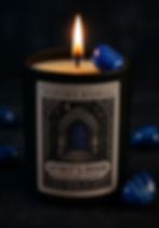 Spirit's door candle lit with blue agate gemstone on top and around