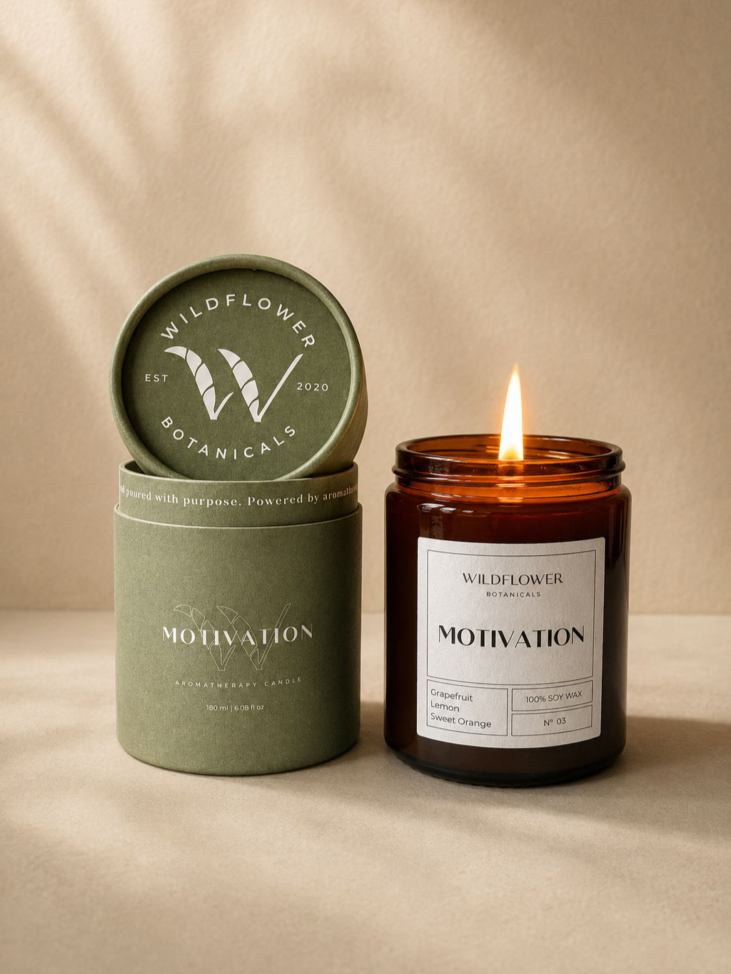 Motivation aromatherapy soy candle with sweet orange, grapefruit and lemon — energy and mood boost — Wildflower Botanicals UK