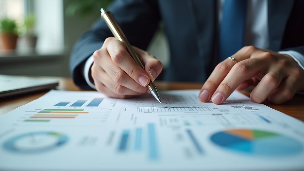 Eye-level view of a business owner reviewing financial documents at a desk