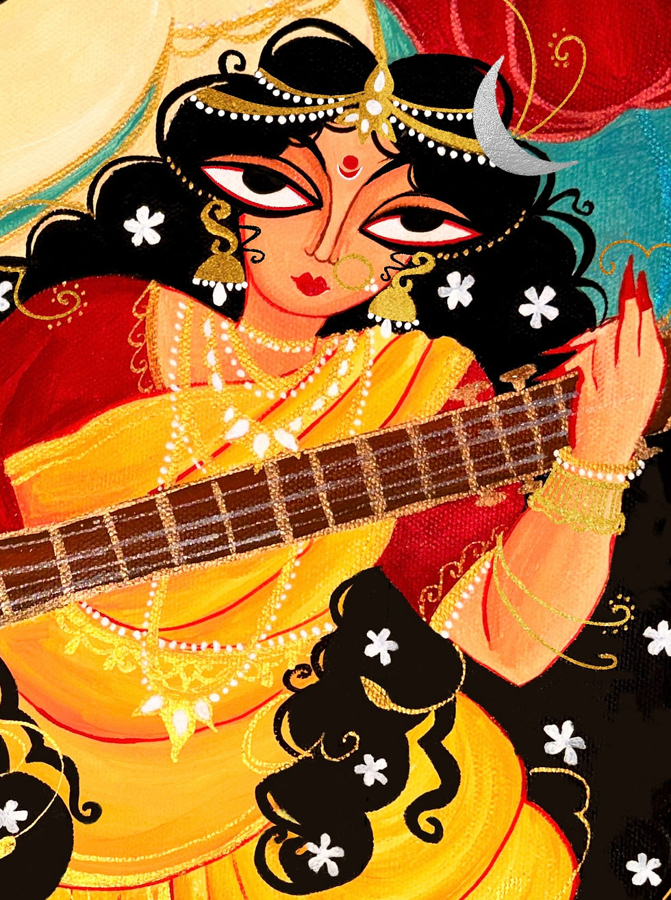 Thumbnail: Veena Vahini | Gouache on Canvas Original Artwork 11.7 x 16.5 inches