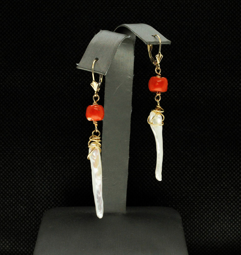Thumbnail: Solid 14k Yellow Gold Genuine Red Coral w/ Freshwater Pearl Earrings