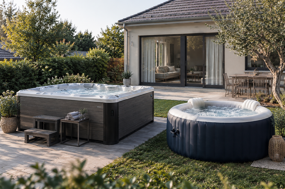 Jardin paisible avec deux spas remplis d’eau, terrasse moderne, maison aux baies vitrées et arbres au soleil.