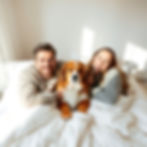 A cozy and bright bedroom scene featuring a couple lying on a white bed with a fluffy comf