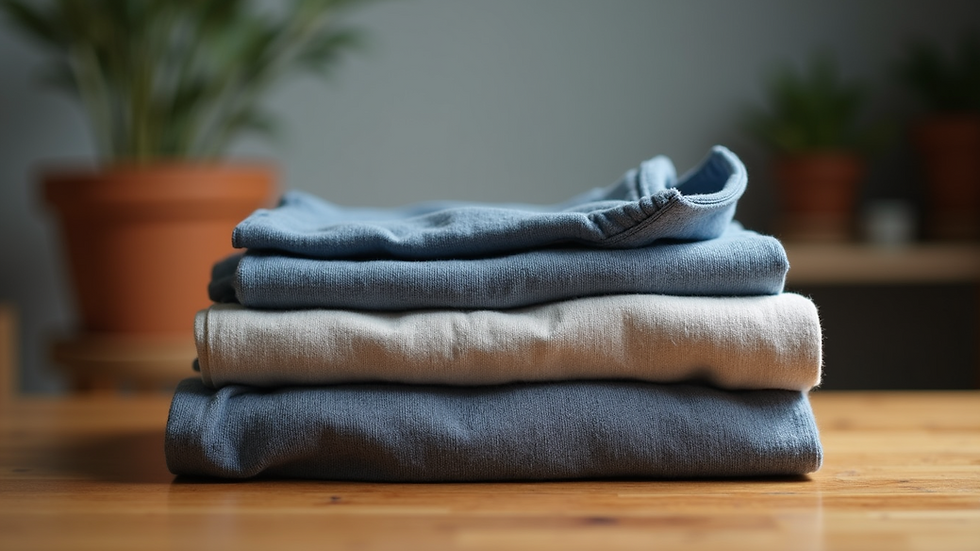 Eye-level view of a neatly folded sportswear set on a wooden table