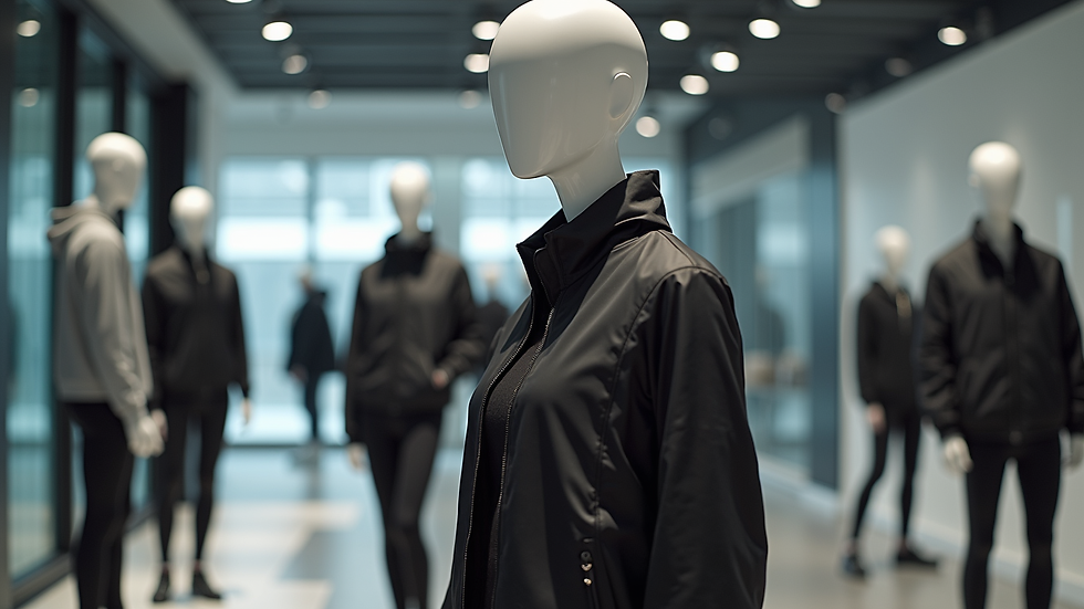 Close-up view of a mannequin dressed in athleisure wear with a sleek jacket and leggings