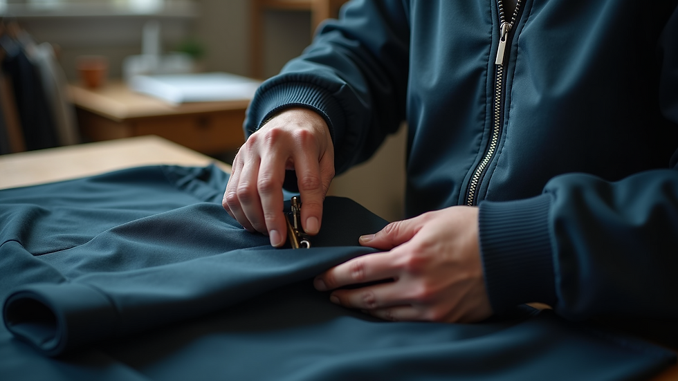 Close-up view of a tailor sewing a bespoke tracksuit sleeve