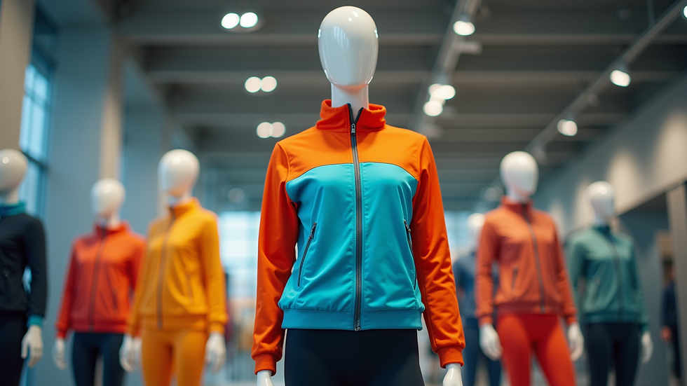 Eye-level view of a mannequin wearing a vibrant sports jacket and leggings