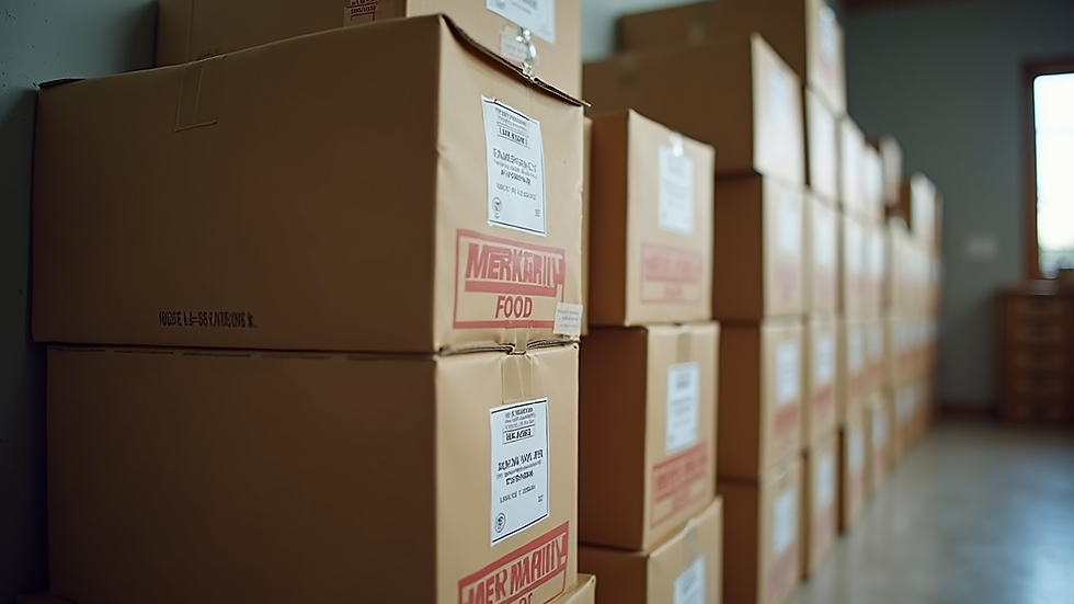Eye-level view of emergency food supply packages stacked neatly