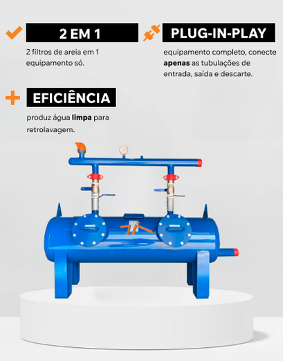 filtro de areia 2 em 1 fabricado em aço carbono com crepinas instaladas no fundo falso para remoção de partículas e sólidos da água para irrigação ou indústria.