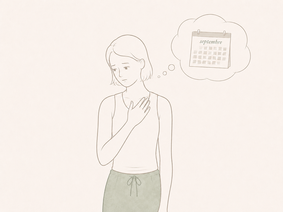 Jeune femme triste, main sur la poitrine, pense à un calendrier de septembre dans une bulle.