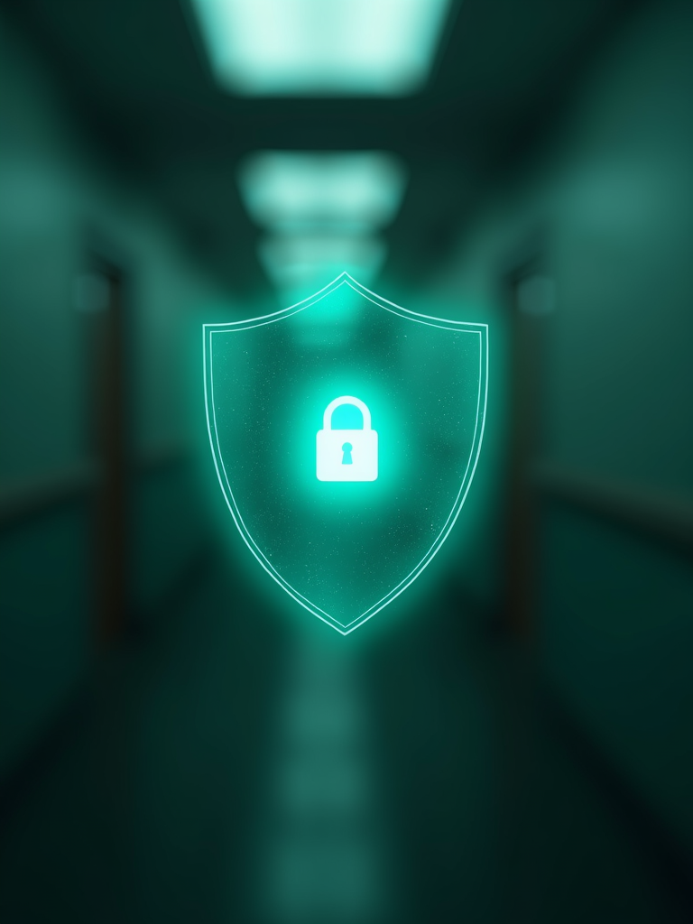 A glowing digital shield icon symbolizing compliance and protection in a high-tech interface.