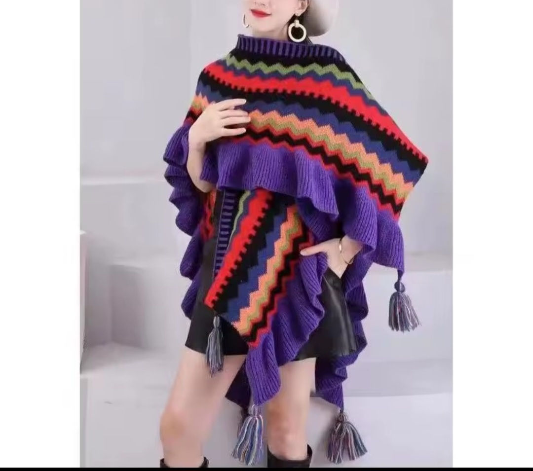 KNIT RUFFLED WRAP PONCHO
