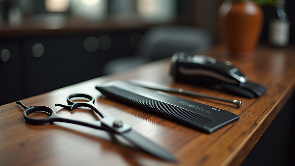 Close-up view of barber tools including scissors, comb, and clippers on a wooden counter