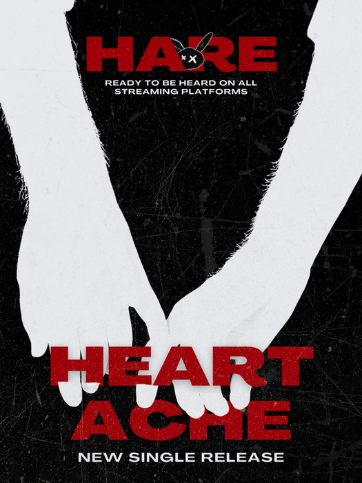 Layout design featuring bold fonts and layered cutout graphics for Hare the Band’s new single as a part of Graphic Alchemy’s graphic design portfolio