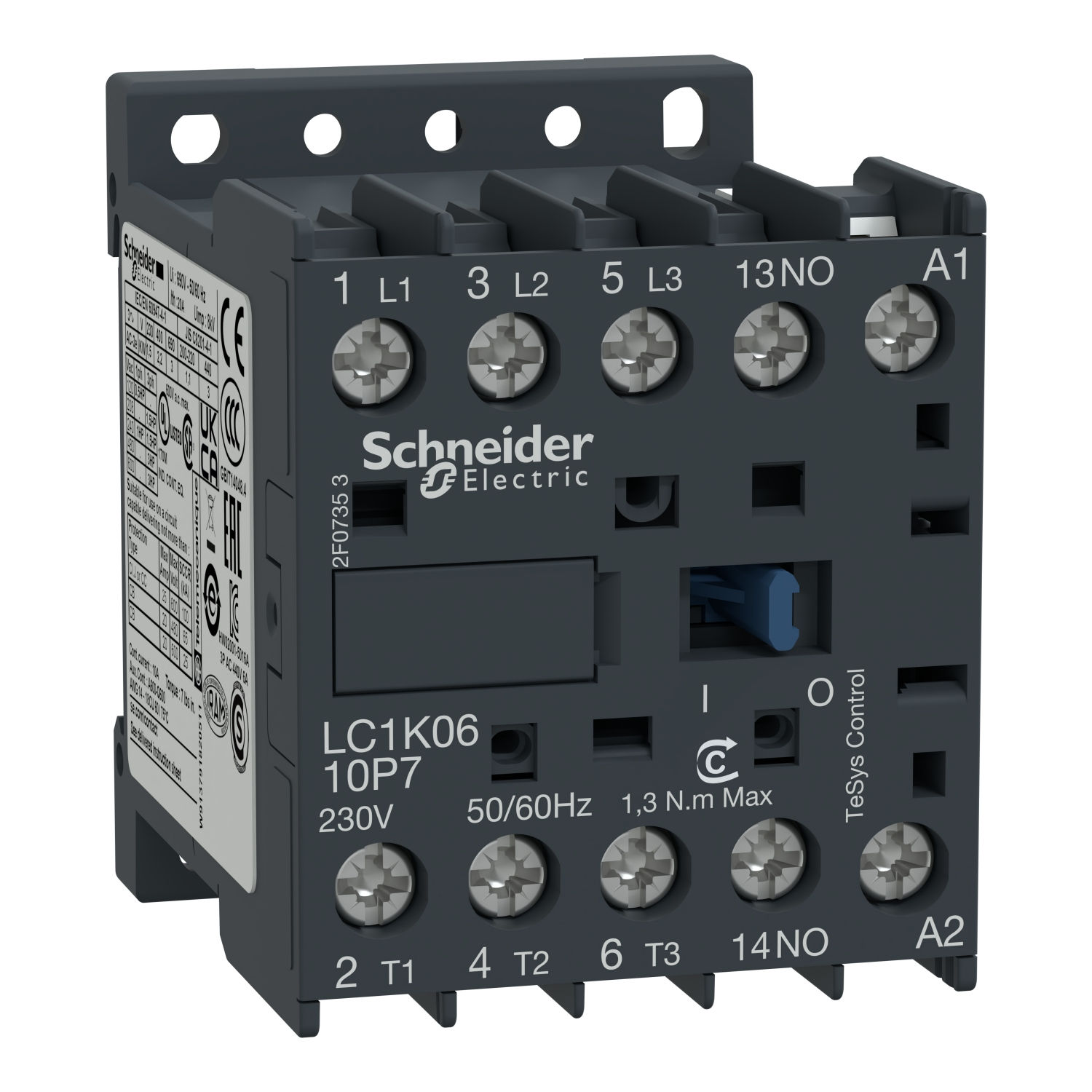 LP1K0610BD Contactor, TeSys K, 3P, AC-3, lt or eq to 440V, 6A, 1 NO aux, 24VDC