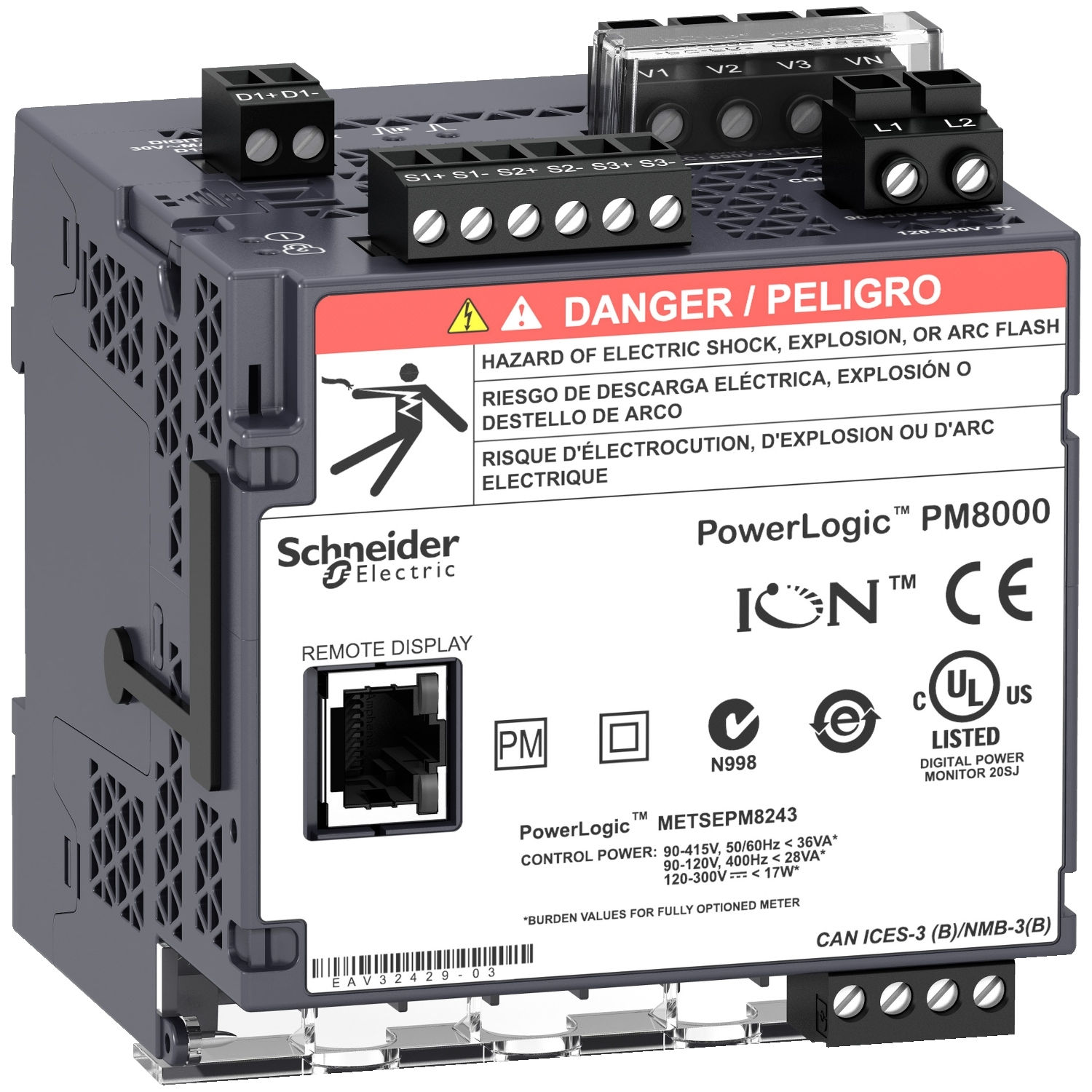METSEPM8243 Power quality meter, PowerLogic PM8000, Standard, transducer, 512 MB