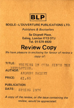 02 Writing in Cuba Since The Revolution-Andrew Salkey (review copy leaflet). Spring 1976. Huntley Ar