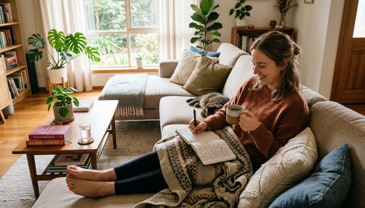 Wide-angle view of a woman sitting on a sofa with tea, a blanket, and a notebook for tracking cycle symptoms.