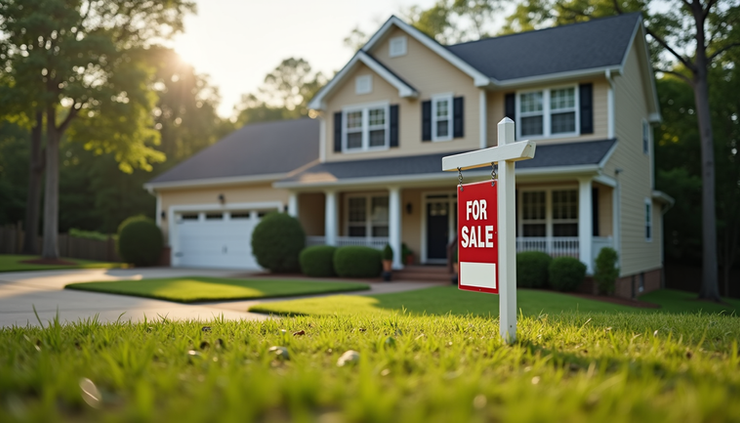 Eye-level view of a Gwinnett County home with a "For Sale" sign in the front yard
