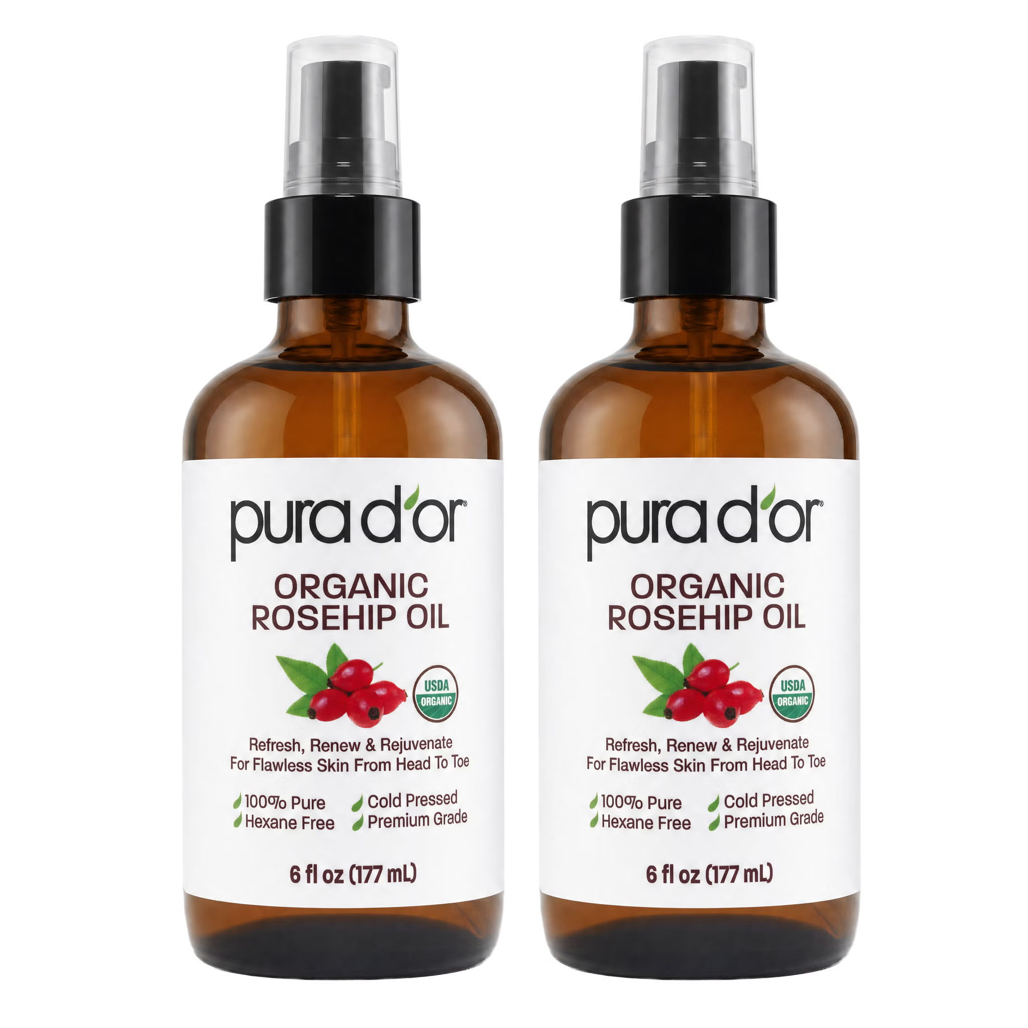 pura d'or Organic Rosehip Oil, 6 fl oz, 2-pack