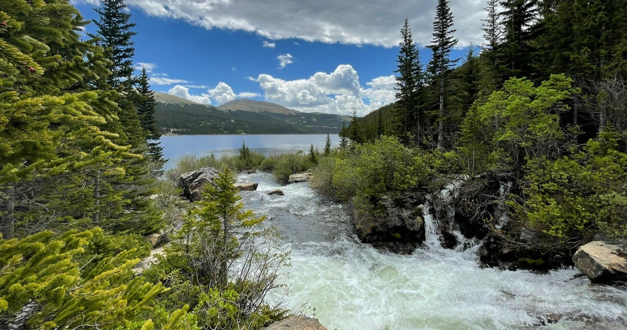 Pine trees surround a rushing stream flowing into a calm lake under a partly cloudy sky, with mountains in the background.