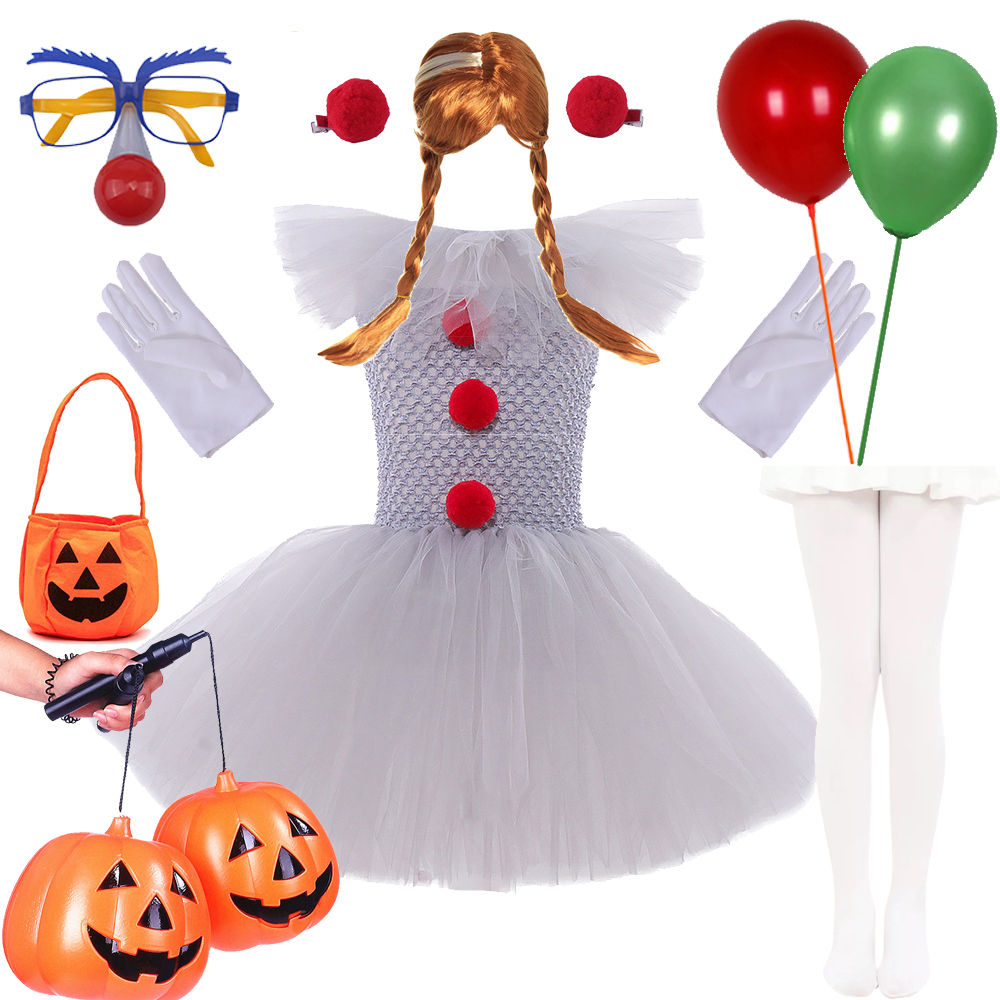 2024 Girl Clown Dress Halloween Costumes Jester Mesh Carnival Easter Clothes The