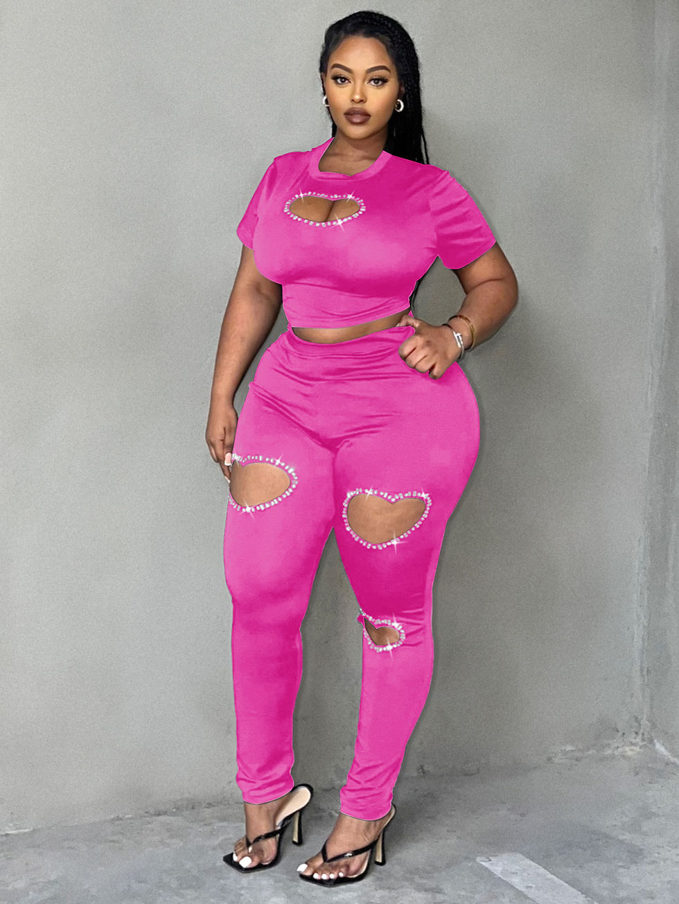 Thumbnail: LW Crop Top Rhinestone Heart Decor Pant Set Women Spring Summer Short Sleeve T-s