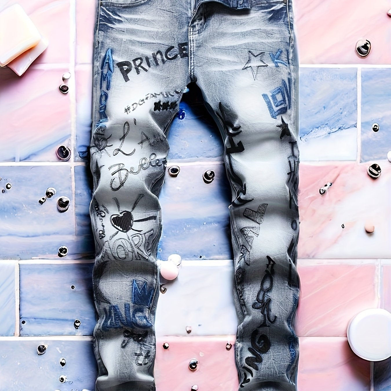 Men's Stretch Slim Straight Leg Jeans - Hip Hop Street Inspired, Heavy Embroider