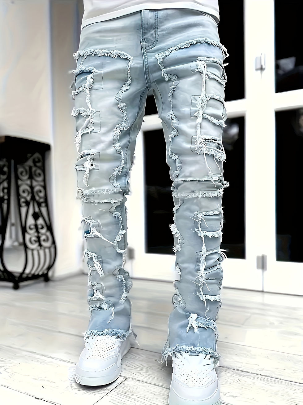 Thumbnail: Men's Fashion Slim-Fit Jeans - Elastic Waistband, Creative Tassel Decoration, St