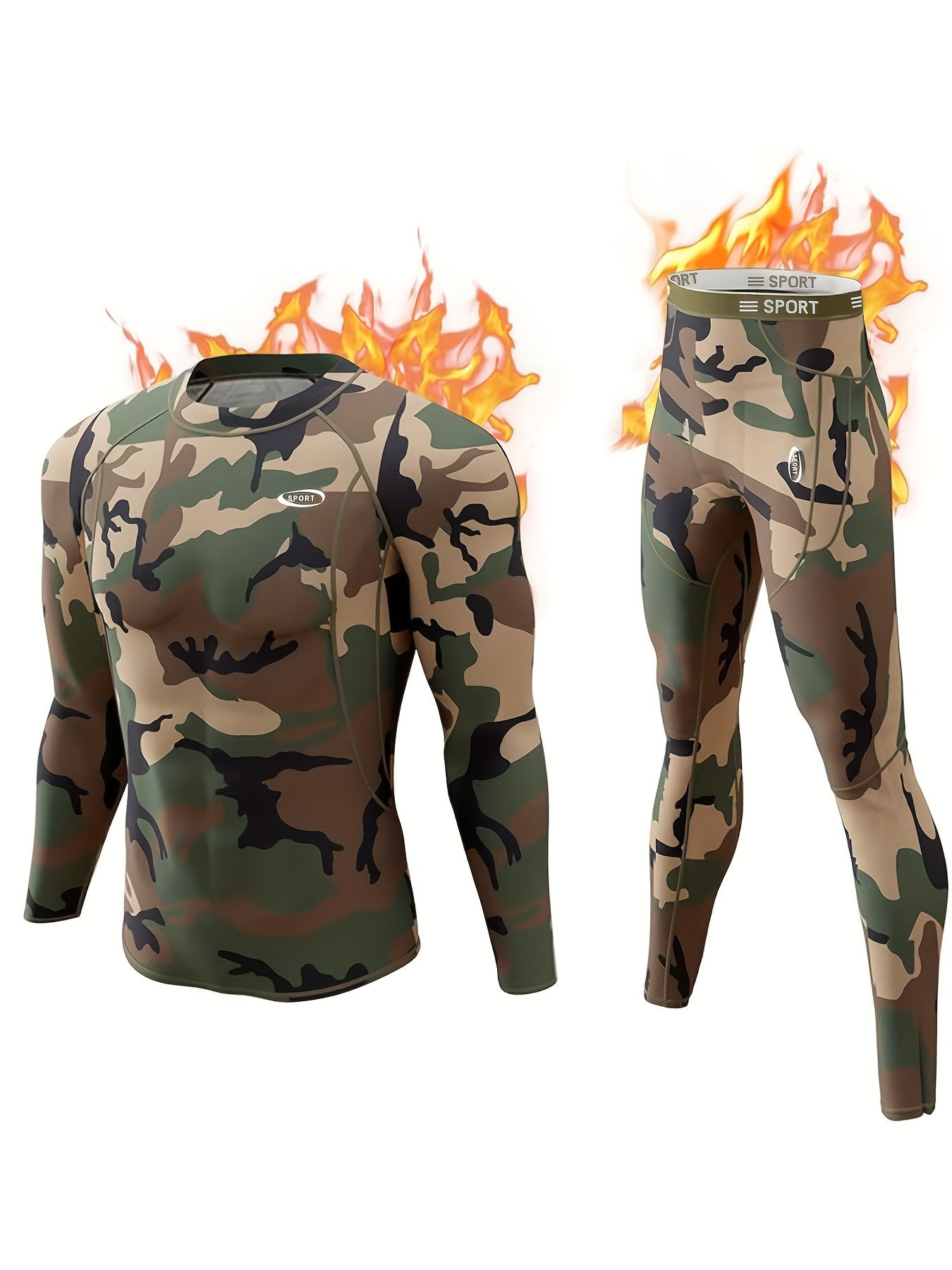 Camouflage Print Thermal Underwear For Men, Long Johns Set With Fleece, Winter H