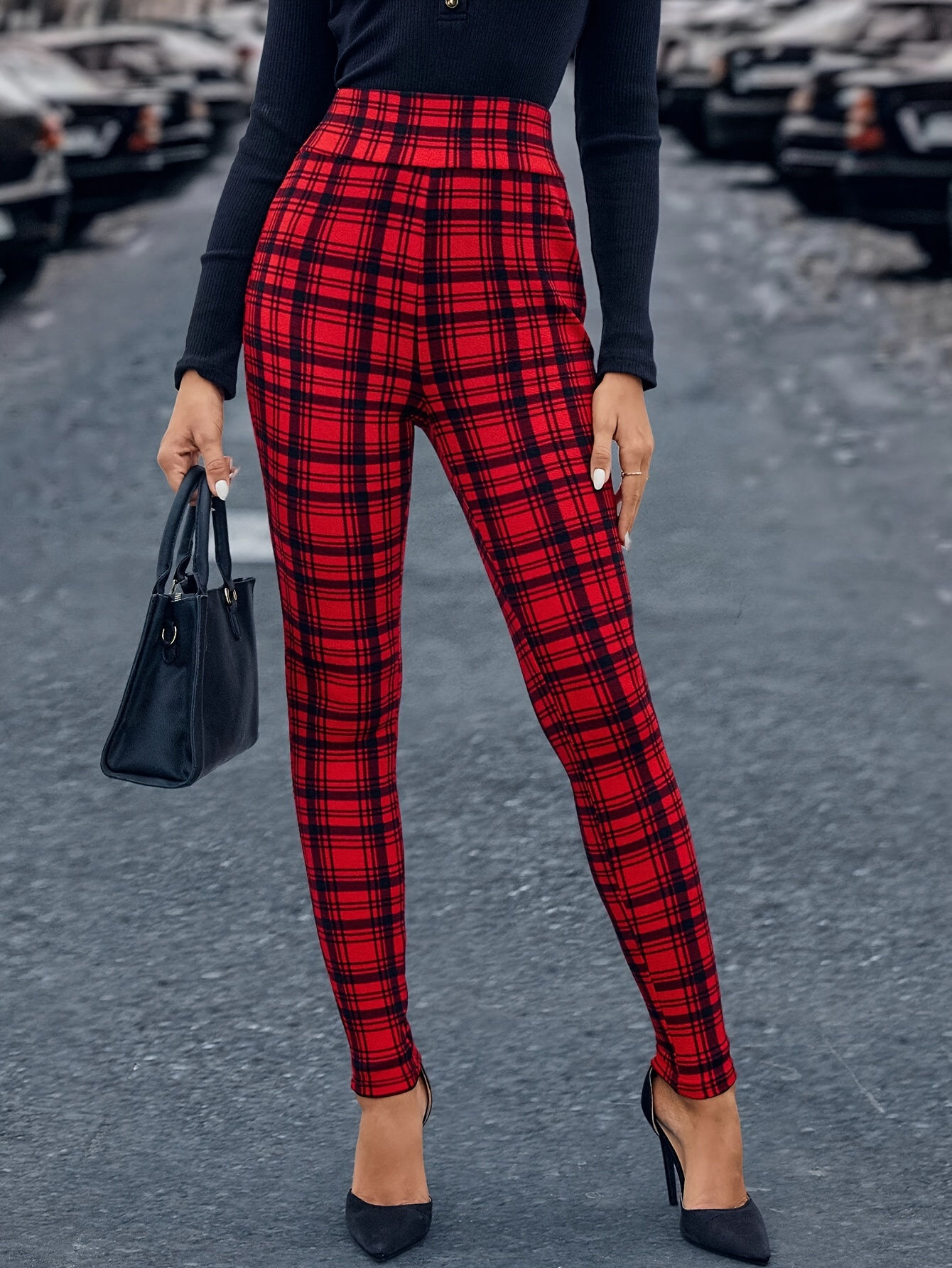 1pc Elegant High-Waisted Plaid Skinny Pants for Women, Polyester Knit Fabric, Al