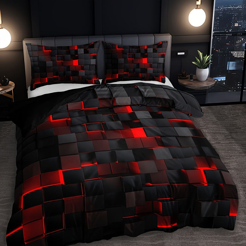 3-Piece Red Grid Duvet Cover Set - Ultra-Soft, Breathable Fabric - Includes 1 Du
