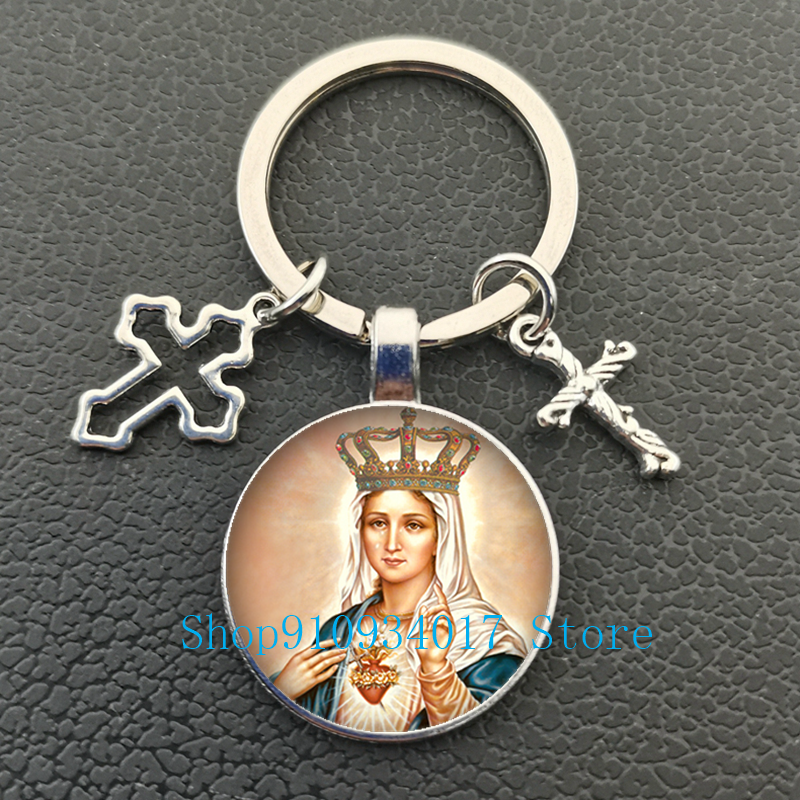 Thumbnail: Virgin Mary and Baby Jesus Christian Catholic Jewelry Round Glass Keychain Bless