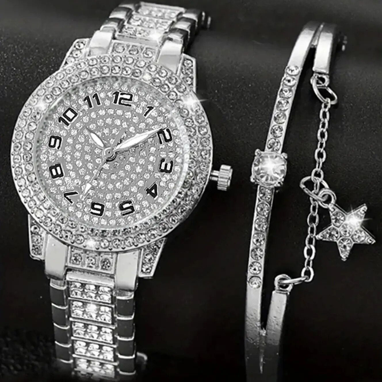 Set of 2 Silver Luxury Rhinestone Watch Women's Crystal Quartz Bracelet Watch Wr