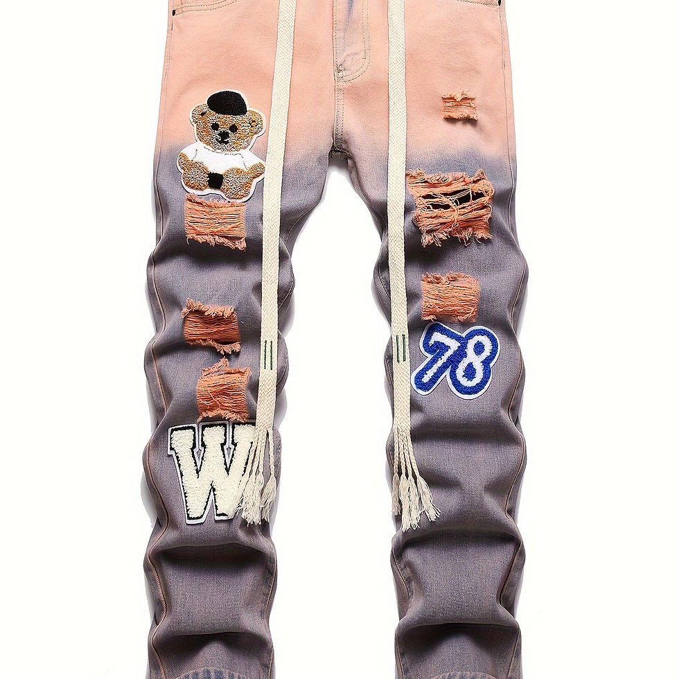 Men's Slim Distressed Ripped Jeans, Trendy Cute Bear Pattern Punk Streetwear Hip