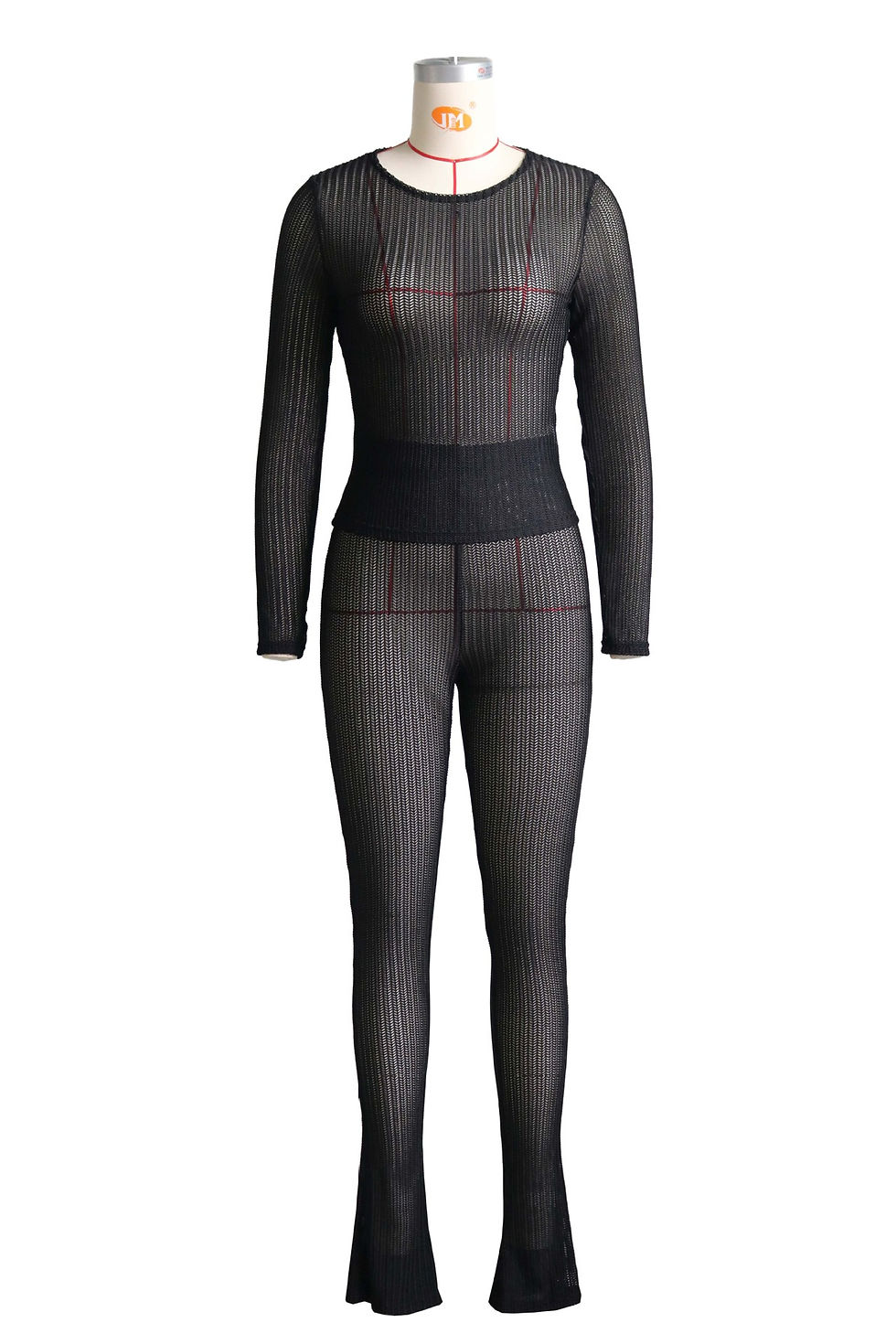Thumbnail: 2024 Sexy Solid See Through Hollow Out Slim 2 Piece Set Women Long Sleeve Round 