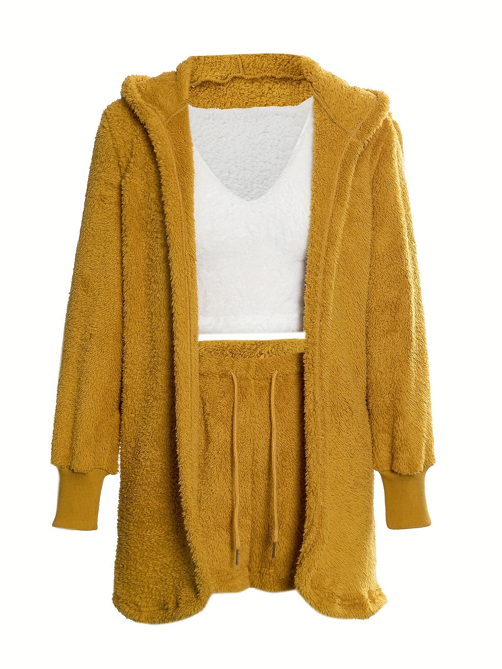 Thumbnail: Luxurious Womens Fuzzy Pajama Set - Cozy Hooded Robe, Soft Tank Top & Drawstring