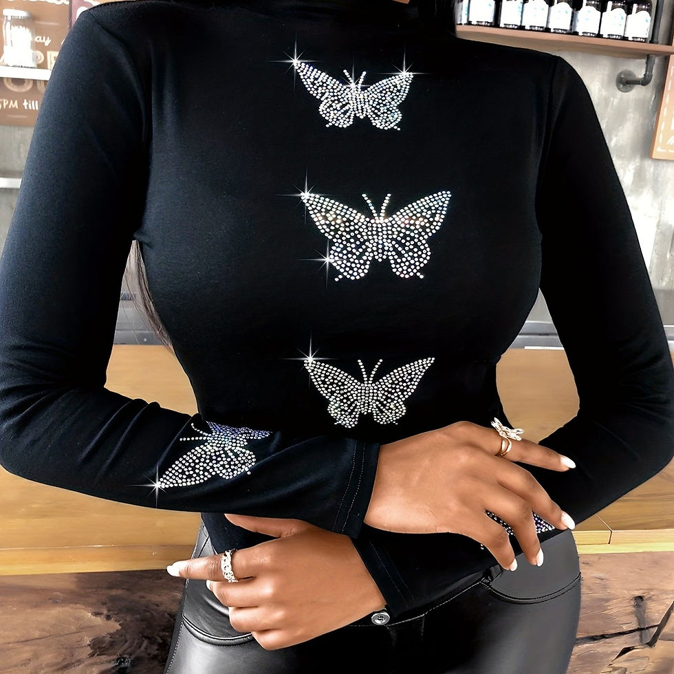 Thumbnail: Butterfly Rhinestone Tunics, Casual Mock Neck Long Sleeve Slim Tunics, Women's C