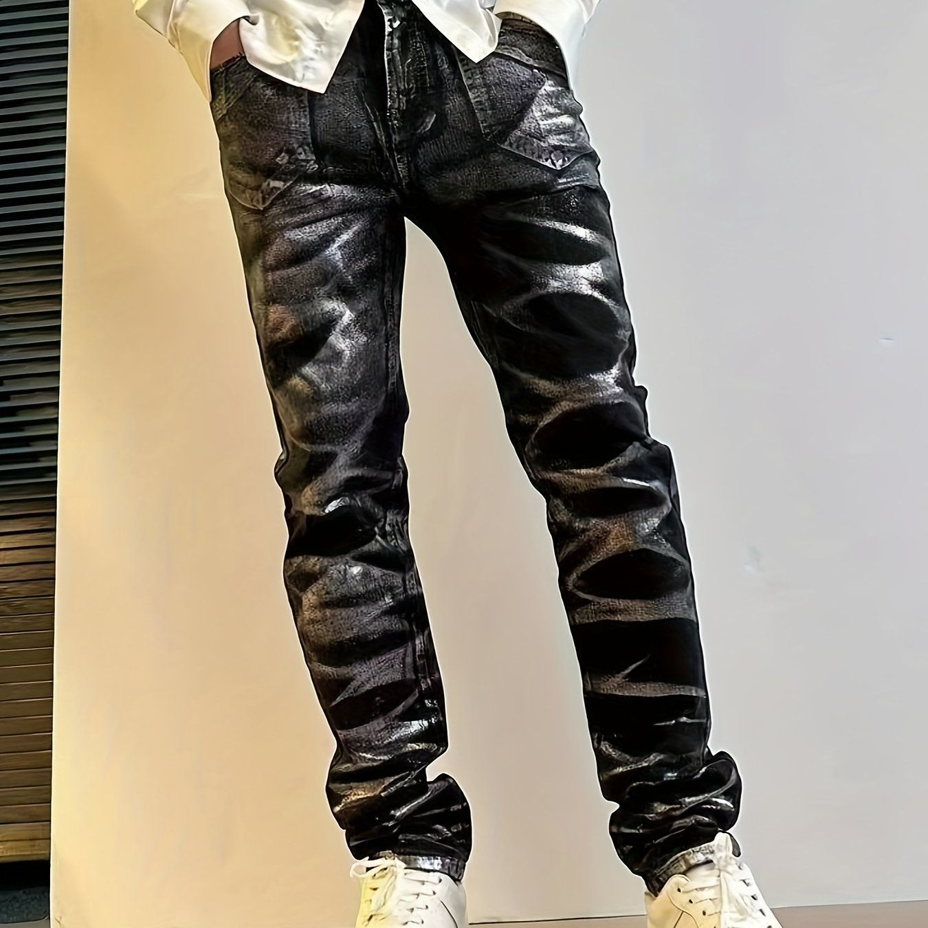 Mid Stretch Men's Cotton Blend Jeans, Slim Fit Chic Street Style Bottoms For All