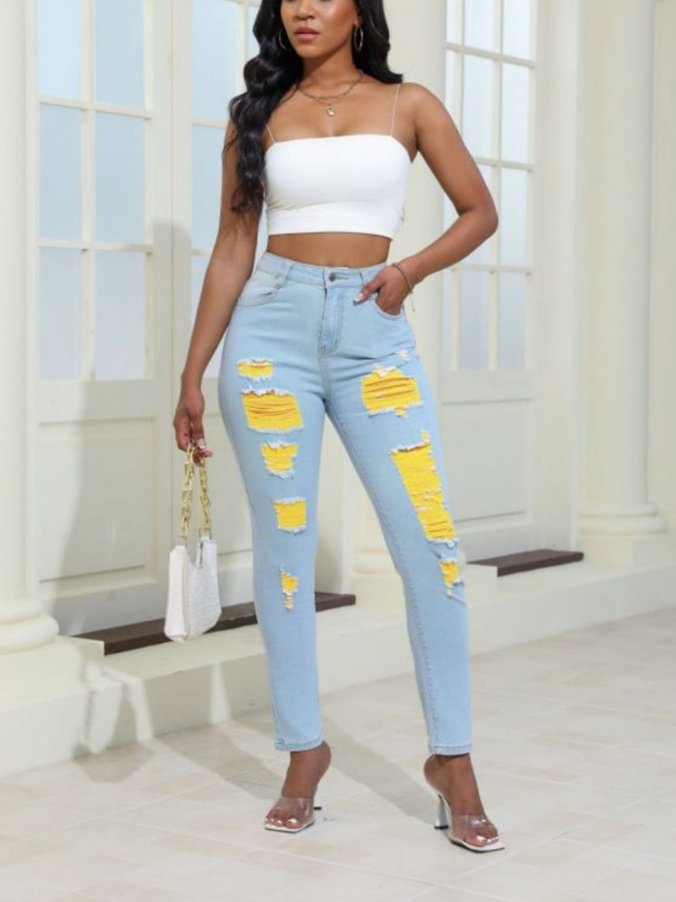 Thumbnail: Women Distressed Jeans Women's Waist Stretch Denim Pants Color Ripped Yellow Det