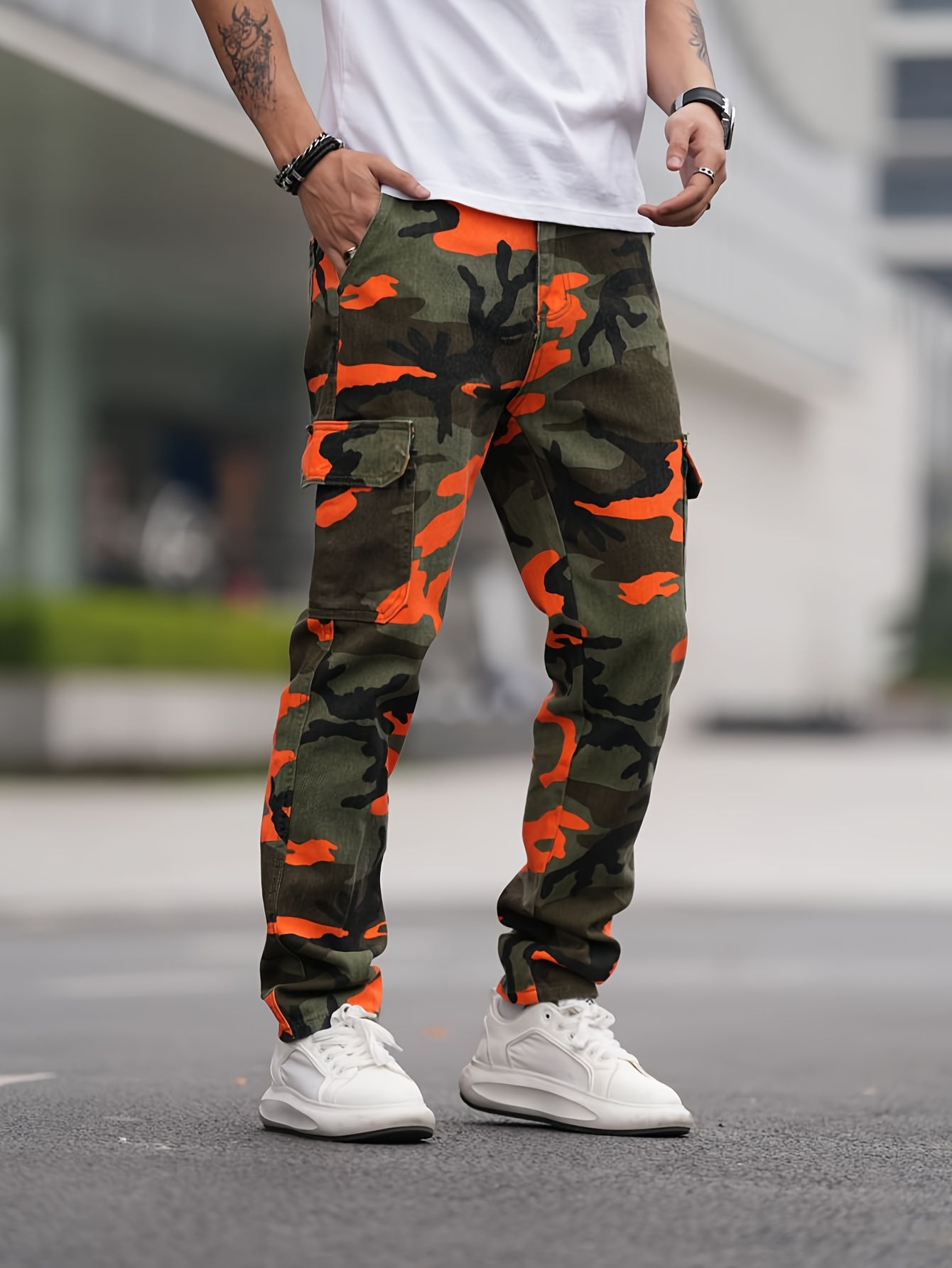 Men's 100% Cotton Camouflage Graphic Print Denim Pants With Pockets, Casual Barr