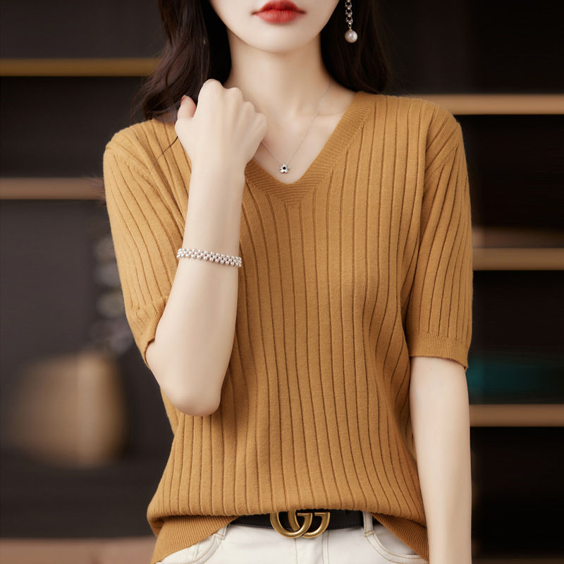 Thumbnail: 2024 Women Sweater Short Sleeve Spring Summer Knitwears Korean Fashion Stripe Pu